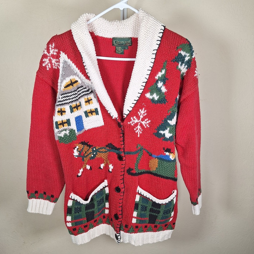 Cullinane Vintage Hand Knit Christmas Cardigan Shawl Collar 3D  Whipstitch L